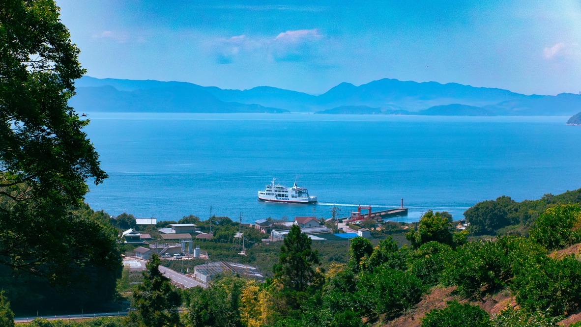 中島の集落と港、瀬戸内海を進むフェリー